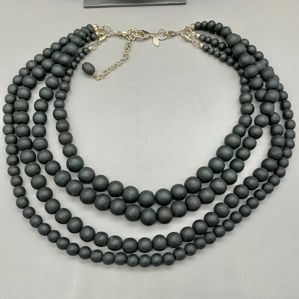 Chico's Necklace Black Wood Bead Multi Strand Layered Statement Gold Tone Boho